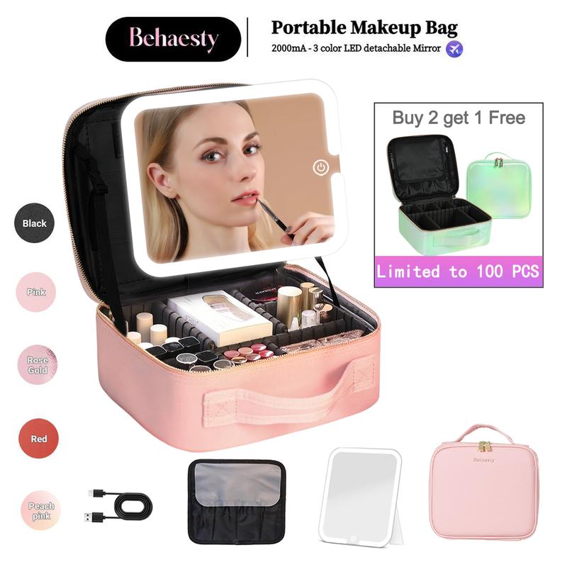 Portable 3-Color LED Makeup Bag with Detachable Mirror